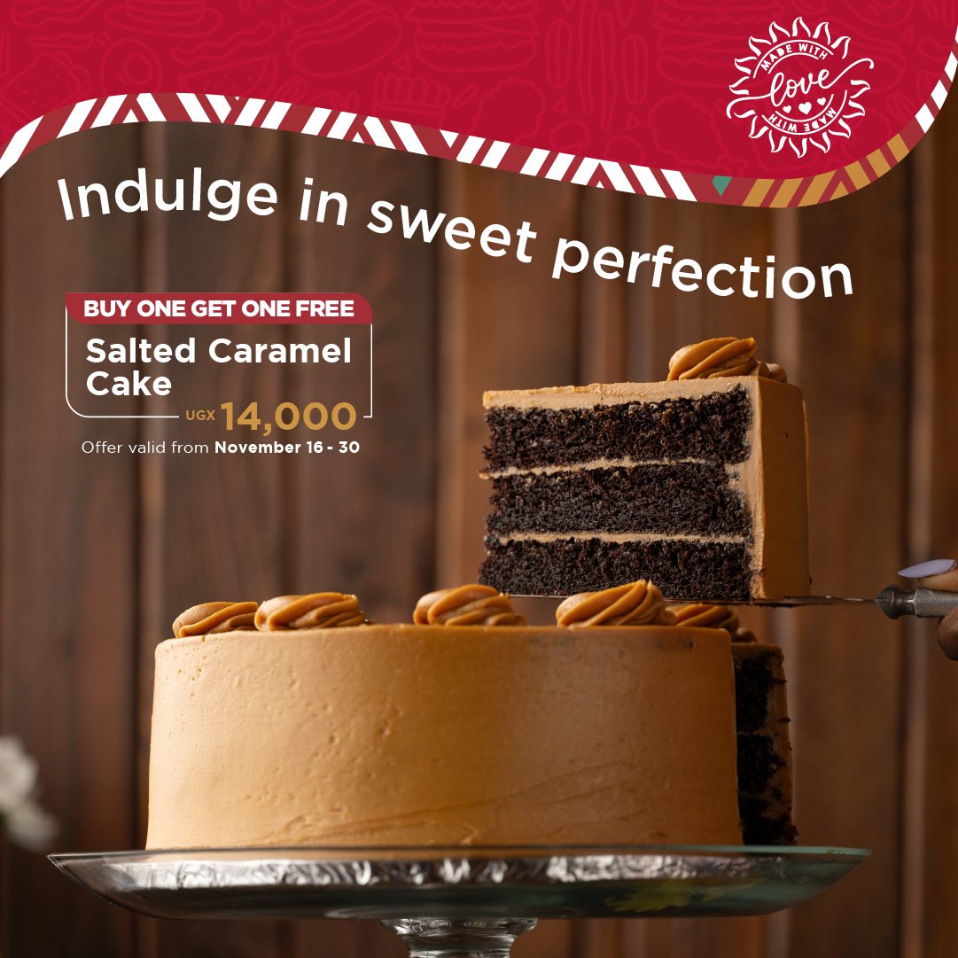 JavaHouseUG's tweet image. CAKE OF THE MONTH = SALTED CARAMEL CAKE
BUY 1 😊 GET 1 🤤 FREE 😎 SLICE
Available at UGX 14,000/= a slice at all our branches and on order via Glovo.
*Offer valid till November 30th*
#JAVAAt10 #JAVALove