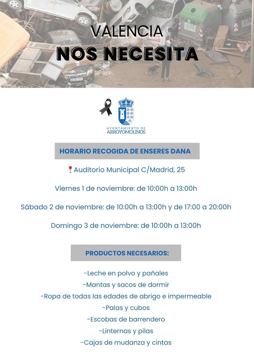 MMArroyomolinos's tweet photo. Desde el Ayuntamiento de #Arroyomolinos, se ha organizado una recogida de diverso material y alimentos para enviar a los afectados por la DANA. Esa gente nos necesita. Prestad atención a los productos necesarios. Toda ayuda es poca en unos momentos así. https://t.co/AYJwyHYtSb