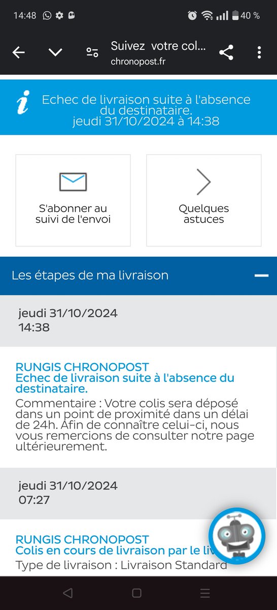 _David_Lin's tweet photo. @ChronopostSAV bonjour, je pense que vos livreurs se foutent de la gueule du monde.  Je suis chez moi ET CA N'A PAS SONNÉ. https://t.co/DVoAaIdUUK