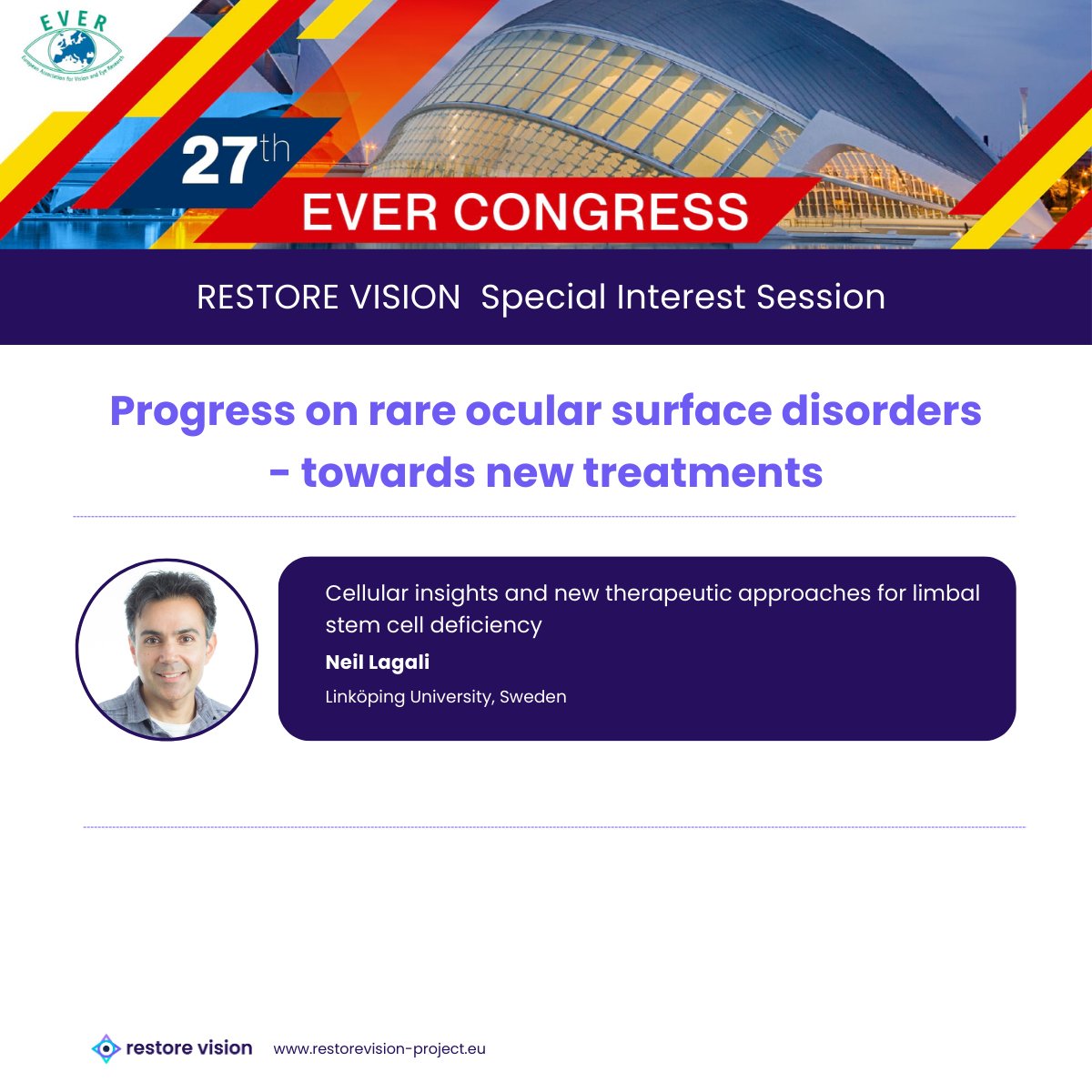 🌍 Attending the 27th <a href="/EVER_connect/">EVER EVER</a>  Congress? Don’t miss our Special Interest Session! 👀

Join <a href="/ThomasR55937842/">Thomas Ritter 🇩🇪🇪🇺🇮🇪</a>, Neil Lagali &amp; the Restore Vision team as they delve into the latest translational research on the next generation of therapeutics for rare eye diseases 👇