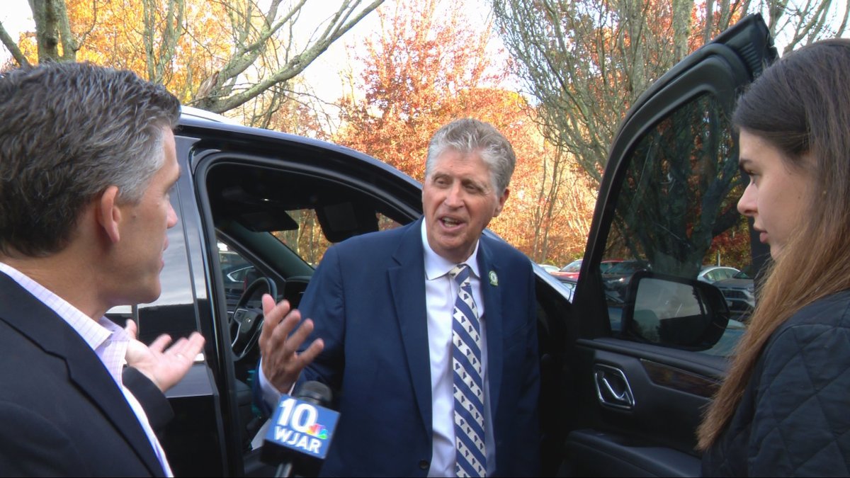NBC10's tweet photo. NBC 10’s Brian Crandall spoke with Gov. Dan McKee as he exited a radio station interview Thursday morning. Crandall asked for the governor’s response to the end of the ILO investigation. @nbc10_brian 

https://t.co/NKnWGaJzst https://t.co/pbrXTN1KoW