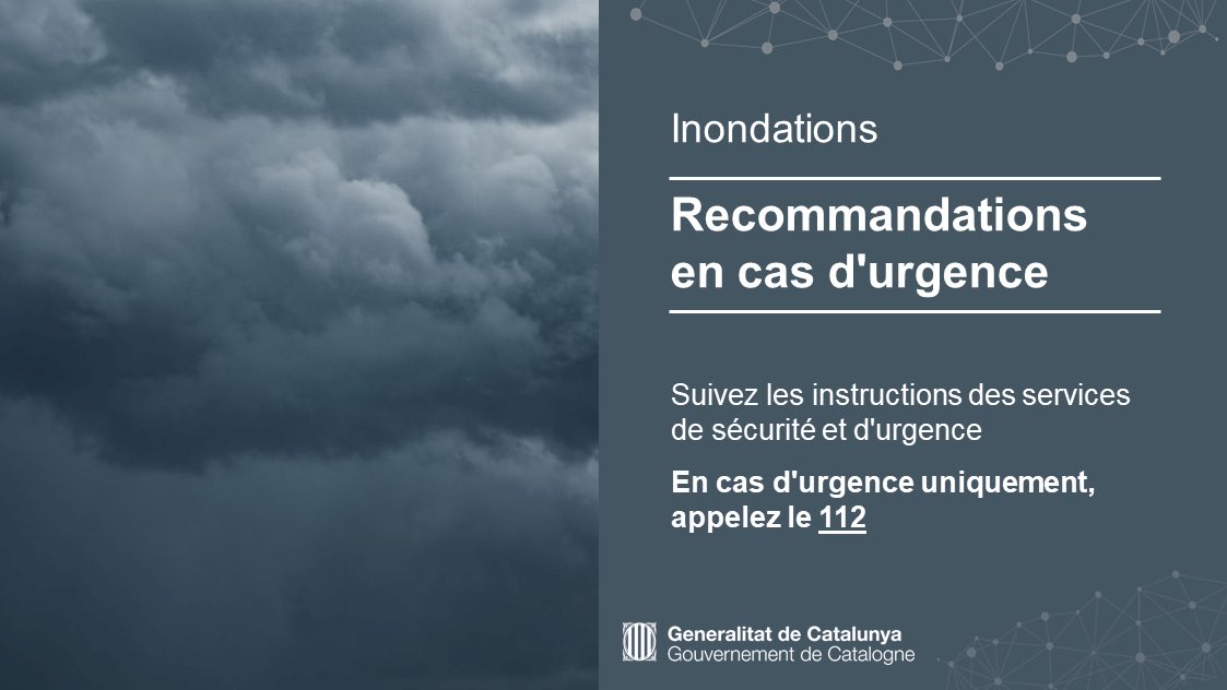 ☔️ Alerte aux inondations dans le sud de la Catalogne
 
🔴 Conseils d’<a href="/emergenciescat/">Protecció civil</a> :
 
🔹 Limitez vos déplacements
🔹 Prenez des précautions extrêmes dans les zones inondables et près des cours d’eau