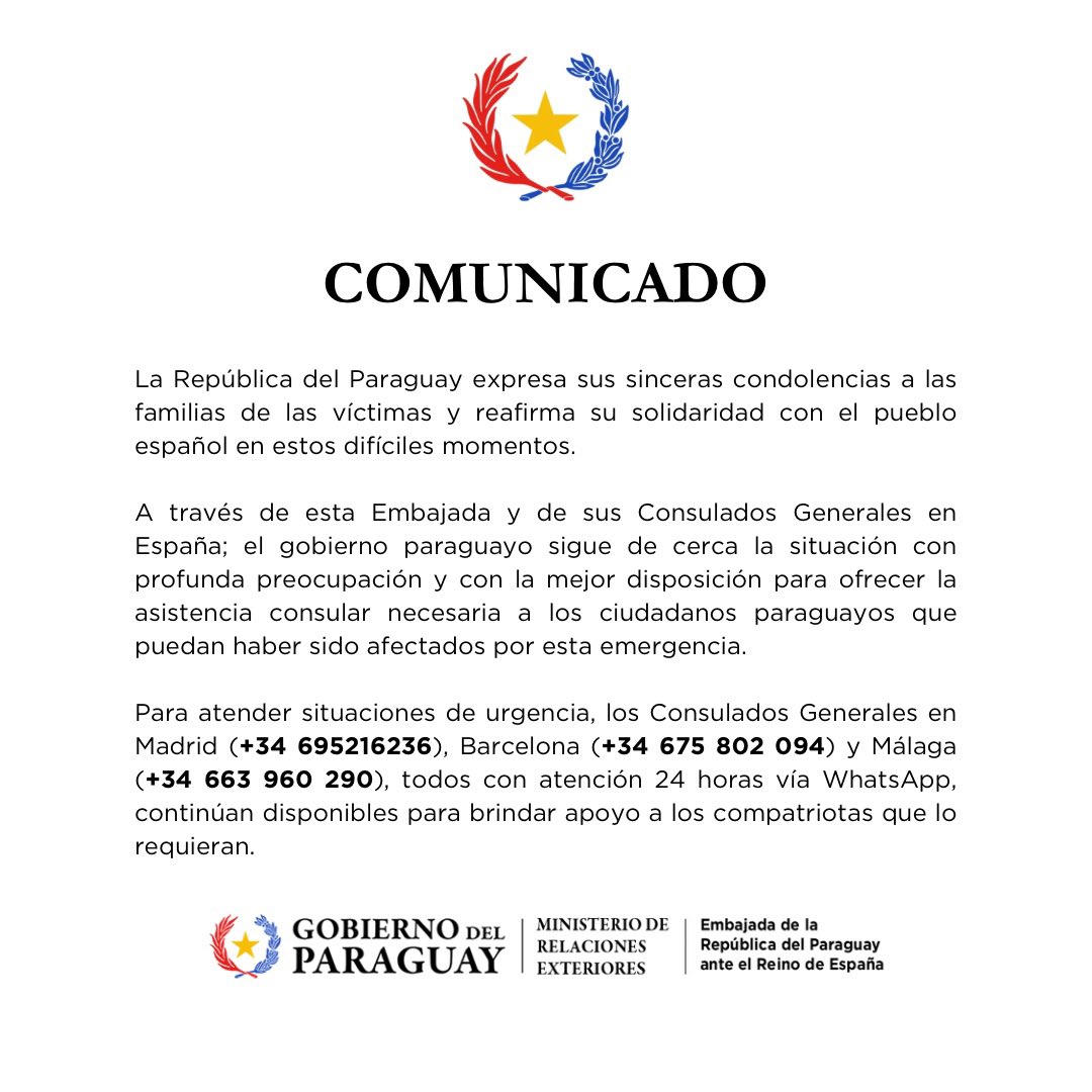 Para emergencias, los Consulados Generales del Paraguay en Madrid, Barcelona y Málaga están disponibles las 24 horas.
☎️ 𝗖𝗼𝗻𝘁𝗮𝗰𝘁𝗼𝘀 𝗱𝗲 𝗲𝗺𝗲𝗿𝗴𝗲𝗻𝗰𝗶𝗮:
• 𝗠𝗮𝗱𝗿𝗶𝗱: +34 695 216 236 
 • 𝗕𝗮𝗿𝗰𝗲𝗹𝗼𝗻𝗮: +34 675 802 094 
 • 𝗠á𝗹𝗮𝗴𝗮: +34 663 960 290