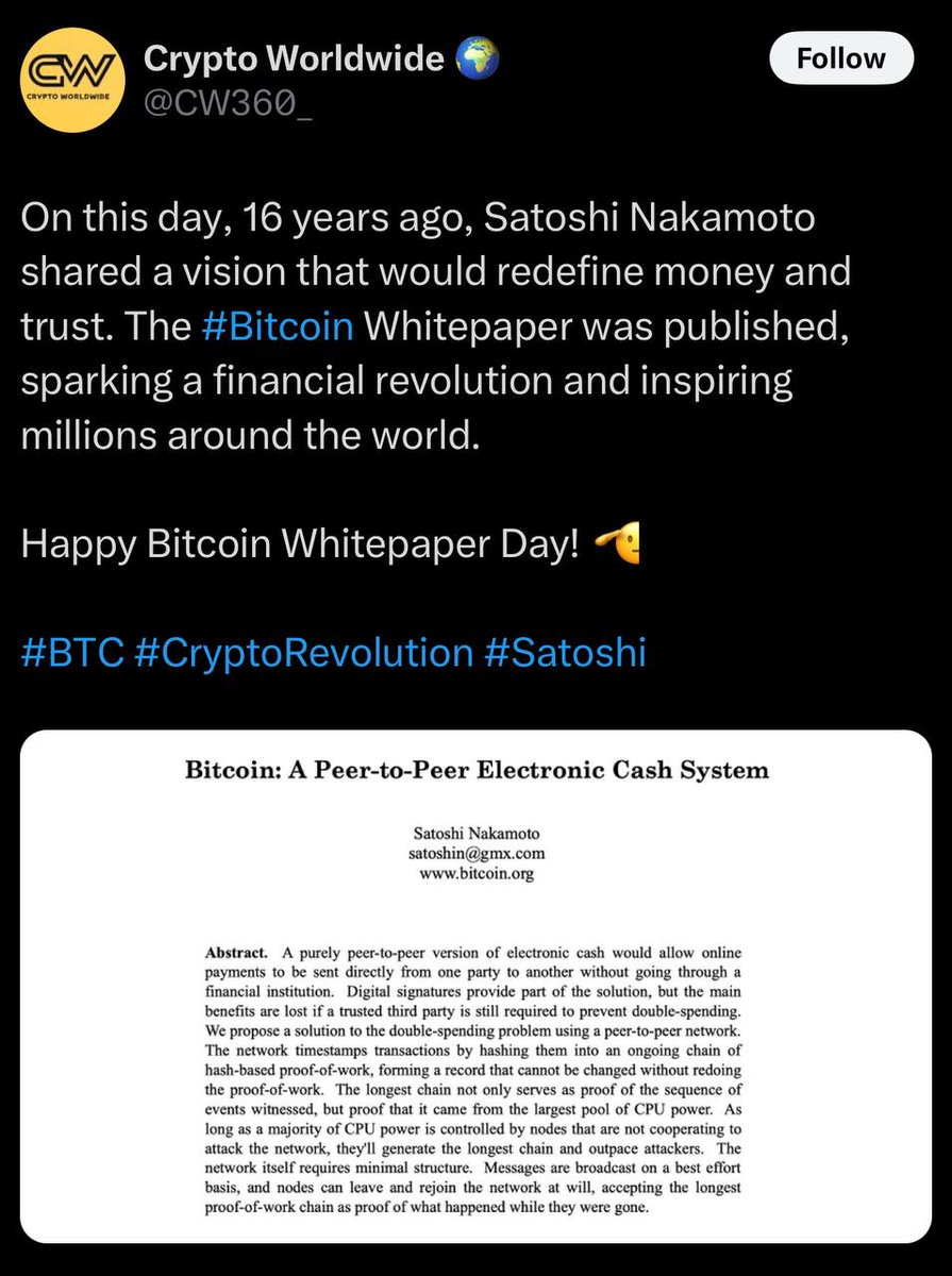 🕊 What did Satoshi Nakamoto do for Halloween? 🎃

🔹 16 years ago on October 31, 2008, Satoshi dropped a game-changer: the Bitcoin Whitepaper.

🔹 This document outlined a whole new idea - decentralized digital currency.

🔹 It introduced a secure and transparent way to handle