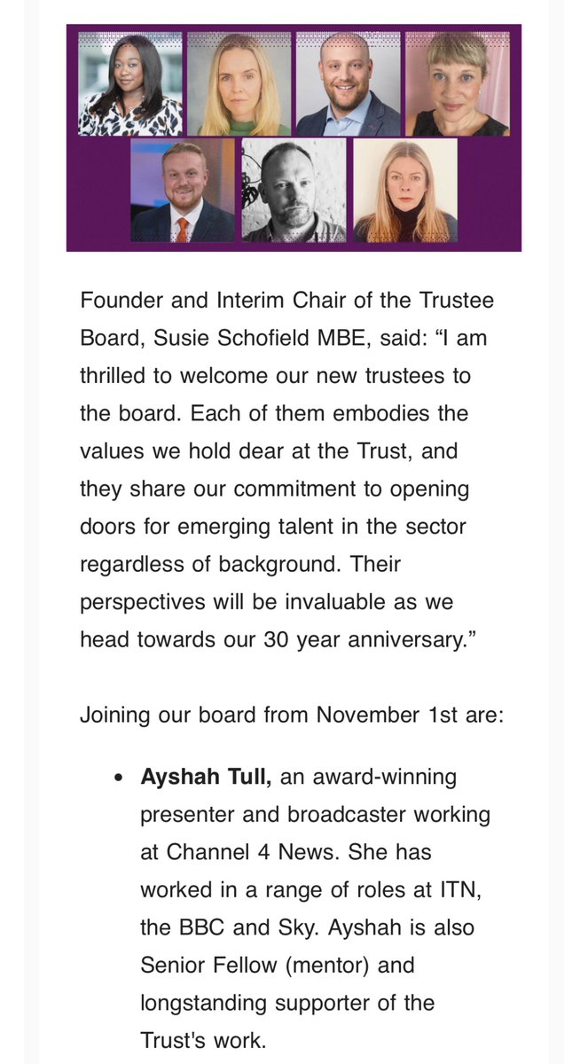 Delighted to be joining the board as a new Trustee of the <a href="/JSchofieldTrust/">John Schofield Trust</a> 🙌🏾🙌🏾🙌🏾

I’ve been involved first as a mentee back in 2014 with my amazing friend <a href="/lucywestITV/">Lucy West</a> as my mentor 

Then a mentor myself to <a href="/Dionnethewriter/">Dionne B</a> 

Can’t wait to get started!