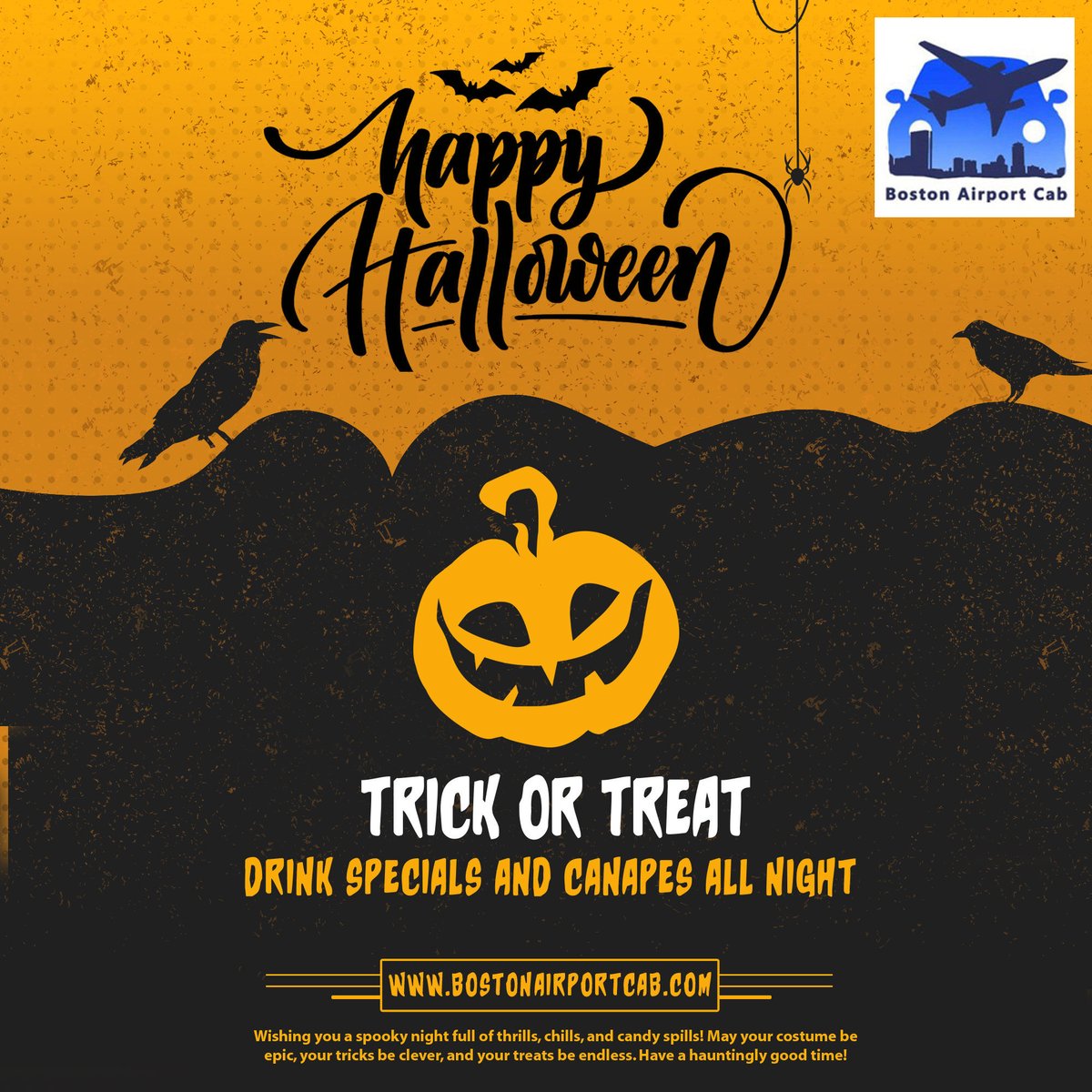 🎃👻 Happy Halloween from Boston Airport Cab! 🎃👻 Wishing you a spooktacular day filled with treats and safe travels! 🚖🕸️ #Halloween #BostonAirportCab #SafeTravels
