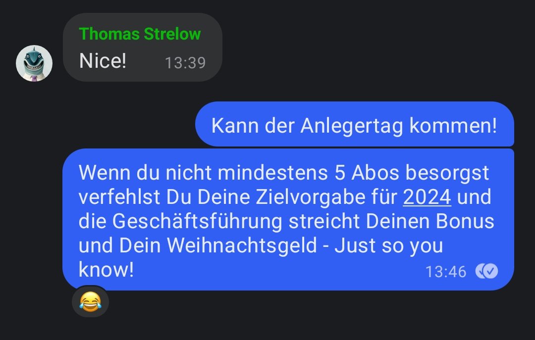 BoersenBunch's tweet photo. @BoersenAktuell @Boersenhaendler @CoalaCare Und by the way: Sollten die 1400 bis Samstag auf natürlichem Wege fallen, liegt die Zielvorgabe für den Anlegertag Hamburg bei 1500, ansonsten sieht sich die Geschäftsführung dazu gezwungen mit Deinen 3.61€ Weihnachtsgeld Rückstellungen für das Geschäftsjahr 2025 zu bilden! https://t.co/x4OC7k35iX