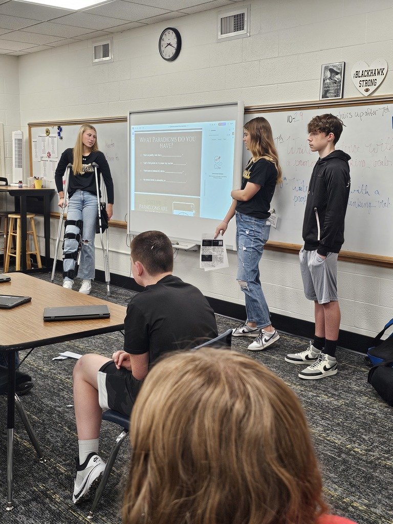 HintonCSD's tweet photo. The newly named Blackhawk Leadership Council delivered a Leader in Me Lesson on paradigms and principles to 7-12th grade students during homeroom this week. #WatchUsLEAD https://t.co/k5Qd55kp65