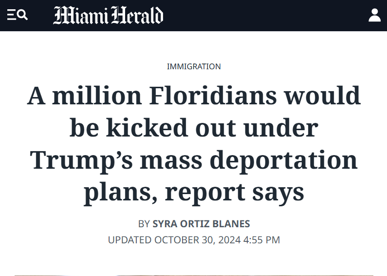 ReichlinMelnick's tweet photo. Thanks to the Miami Herald for covering our report on the impact of mass deportations, and specifically the way they would impact Florida. We found that as many as 1 in 20 Floridians are undocumented and face removal under a plan to carry out mass deportations. https://t.co/wY8YDSPZyQ