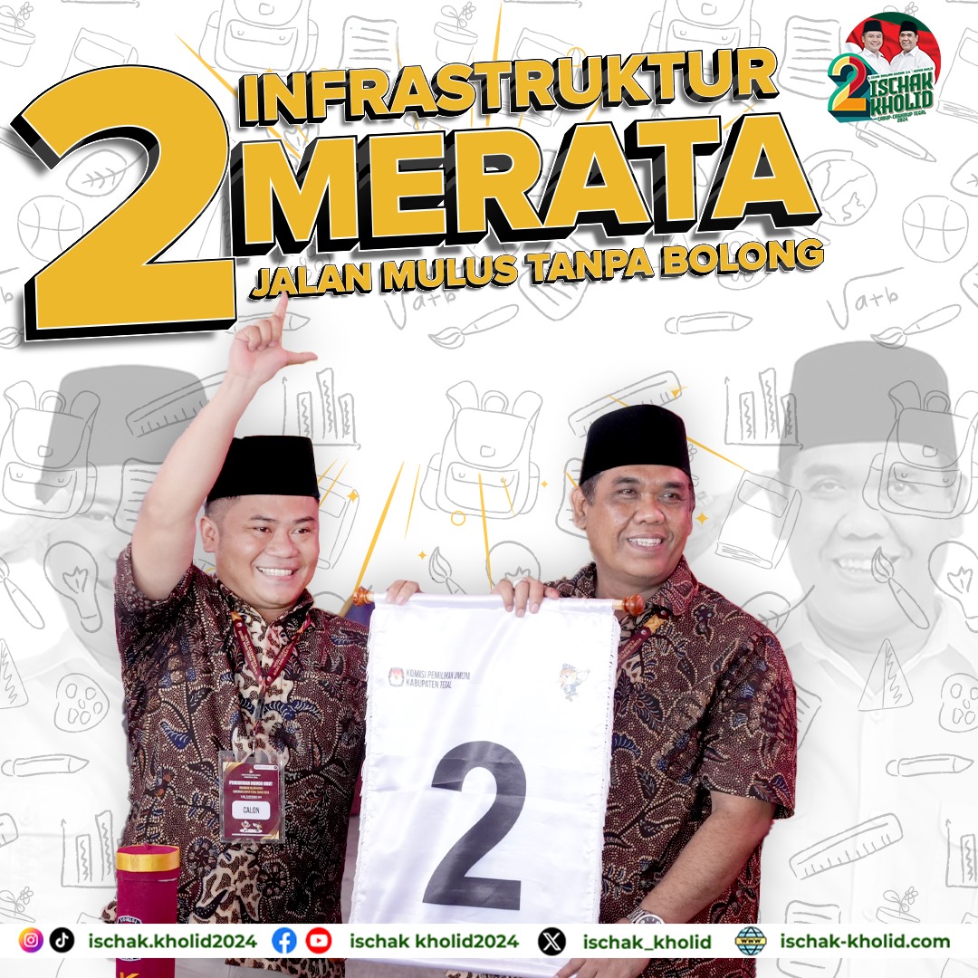 Nomor 2 untuk Tegal Maju! Bersama Kaji Ischak dan Kholid, kita wujudkan infrastruktur merata, jalan mulus tanpa bolong! Siap membangun Tegal yang lebih baik untuk semua. 💪

Bersama Ischak &amp; kholid Tegal luwih apik

#BupatiTegal #PilkadaTegal #IschakKholid #Nomor2