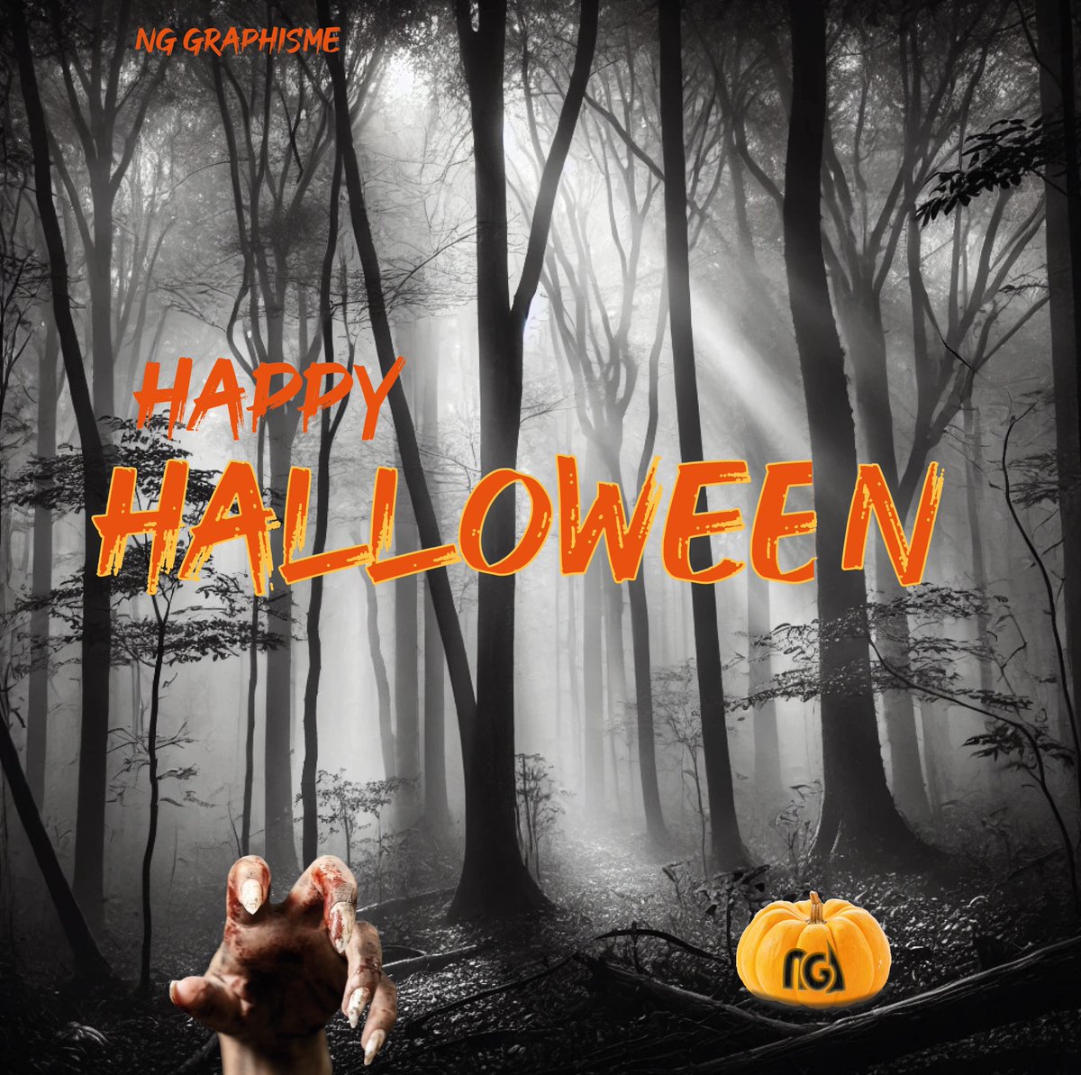 NGGraphisme's tweet photo. On se plonge dans l'ambiance d'Halloween ! Je vous partage mon petit atelier du jour. L'image de fond (forêt) créée par une IA. En revanche pour la citrouille j'ai préféré intégré le logo NG Graphisme via Photoshop, le résultat de l'IA étant décevant. Joyeux #Halloween https://t.co/RjFEvbzgSy