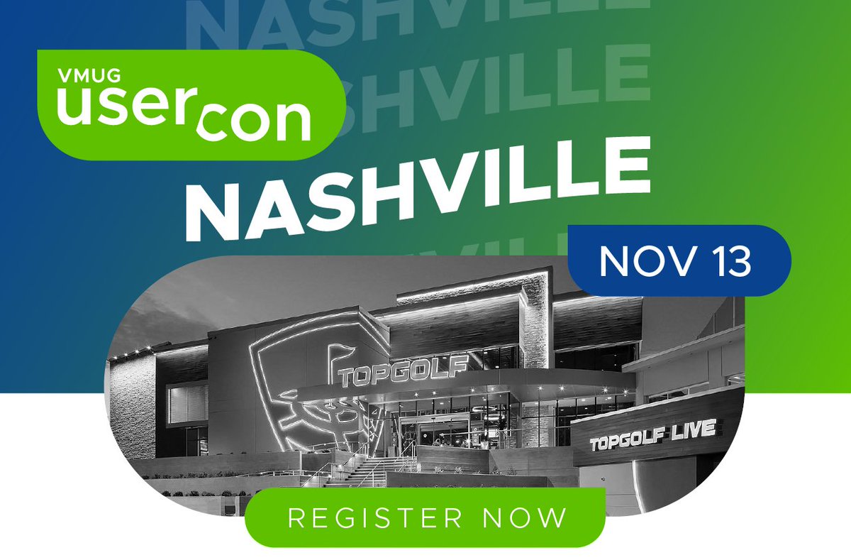 VMware Community Activities (@vmwarecommunity) on Twitter photo The <a href="/NashvilleVMUG/">NashvilleVMUG</a> UserCon is coming to Topgolf Nashville on 11/13!
Join us for learning, networking, and fun as we explore the latest in #VMware technology. Connect with fellow IT professionals while practicing your swing!🏌️
Register now: brcm.tech/4heg2SO The <a href="/NashvilleVMUG/">NashvilleVMUG</a> UserCon is coming to Topgolf Nashville on 11/13!
Join us for learning, networking, and fun as we explore the latest in #VMware technology. Connect with fellow IT professionals while practicing your swing!🏌️
Register now: brcm.tech/4heg2SO