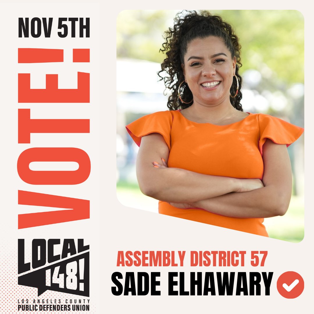 LApubdefunion's tweet photo. Local 148 is proud to endorse @SadeElhawary  for CA State Assembly #AD57. Sade will be a strong representative for Los Angeles, and we believe she will bring a fresh perspective to solve issues impacting our communities. Vote Sade Elhawary on November 5! https://t.co/c5Mvbm1jk9