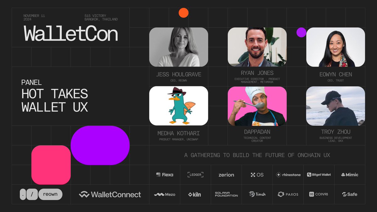 Panel: “Hot takes - Wallet UX" featuring <a href="/houlgrave/"></a> (CEO <a href="/reown_/">Reown</a>), <a href="/medhakothari/">medha ☀️🍃</a> (PM <a href="/Uniswap/">Uniswap Labs 🦄</a>), <a href="/ryanjjones10/">ryanjones.eth</a> (Executive Director of Product Management <a href="/MetaMask/">MetaMask 🦊</a>), <a href="/TroyZhou0127/">Troy Zhou ♒️</a> (BD Lead @okxweb3) and <a href="/EowynChen/">Eowyn</a> (CEO <a href="/TrustWallet/">Trust Wallet</a>), this panel dives deep into what’s shaping
