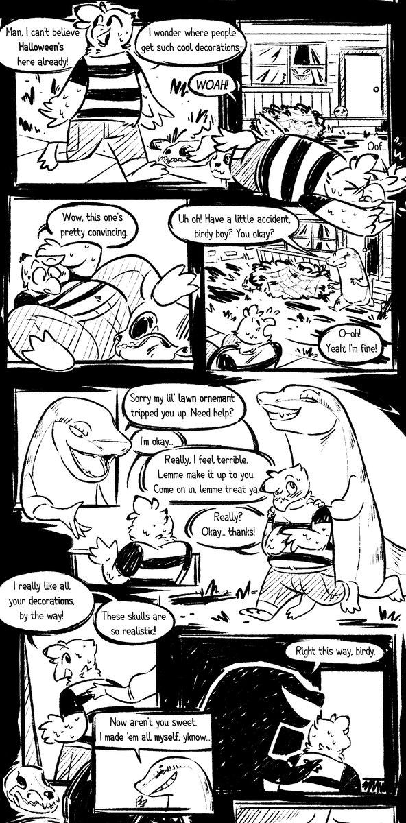 EclairsCargo's tweet photo. Happy Halloween, everyone! Remember if you go out tonight, beware of dubious strangers. Especially if they're giant lizards with suspiciously realistic lawn decorations.

Special thanks to @criticalgut for starring as prey in this!

[cw fatal, skulls] https://t.co/RyPhNdj8V1