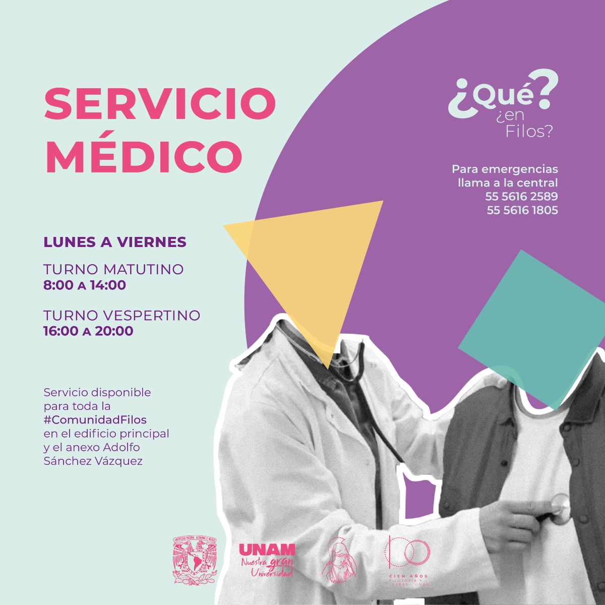 #EnFilos cuentas con atención primaria en el servicio médico de lunes a viernes en dos turnos. La atención es gratuita para toda la #ComunidadFilos en el edificio principal y en el anexo Adolfo Sánchez Vázquez. 

Recuerda que para emergencias en Ciudad Universitaria debes
