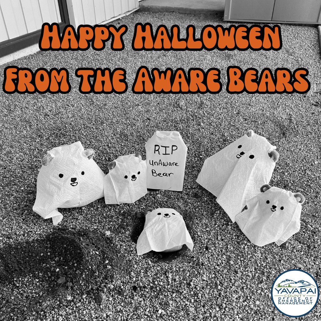 YavapaiOEM's tweet photo. Happy Halloween! We hope everyone has a happy and safe Halloween!
#Halloween #EmergencyManagement #UnawareBear #CreepItSafe #HalloweenSafety #HalloweenTips #HappyHalloween #YavapaiCounty #EmergencyPreparedness #SafeHalloween #PreparedNotScared #AwareBearAdventures https://t.co/Im5czMXgki