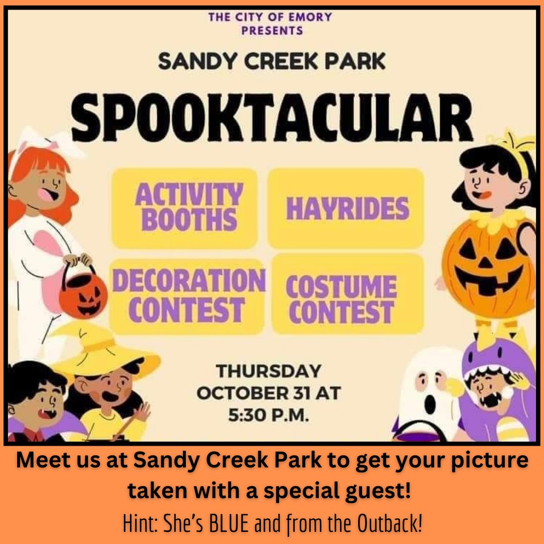 AgentThreadgill's tweet image. Can't wait to see you at the SPOOKTACULAR at Sandy Creek Park in Emory, Texas! Come find us under the red tent and get your picture taken with our special guest! 
@AgentThreadgill
#sandycreekparkspooktacular #tonithreadgill #emorytexas