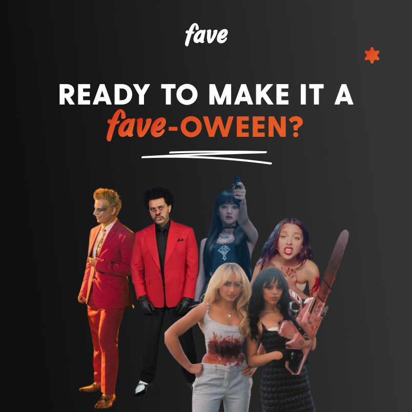 Faveforfans's tweet photo. 🎃👻 Fan-oween is here! Share your costumes on Fave for a +75 point boost! 🎉 Can’t wait to see everyone in the spooky spirit! 👀🔥 #Faveforfans #Fanoween #Fandom #Sheerios #livies #TheWeekend #OliviaRodrigo #SabrinaCarpenter #Carpenters #Neverland #Nevie #GIDLE #EdSheeran #Fan https://t.co/hYeDgfolJF
