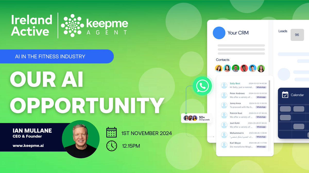 keepme_ai's tweet image. Will we see you in Kildare tomorrow?

Ian Mullane will be sharing insights on how AI can shape the future of fitness businesses, helping operators unlock growth and efficiency. 

Join him at 12:15.

#IrelandActive #FitnessInnovation #AIinFitness #Networking #AIRevolution #Keepme