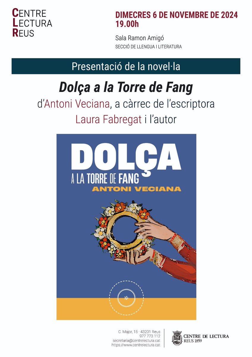 Apunteu-ho a l'agenda: dimecres que ve la <a href="/laufabregat/">Laura Fabregat</a> presentarà al <a href="/centredelectura/">Centre de Lectura</a> "Dolça a la Torre de Fang" de l'escriptor reusenc <a href="/antoniveciana/">Antoni Veciana Ribes</a>. Us hi esperem! <a href="/SegonaPeriferia/">La Segona Perifèria</a>