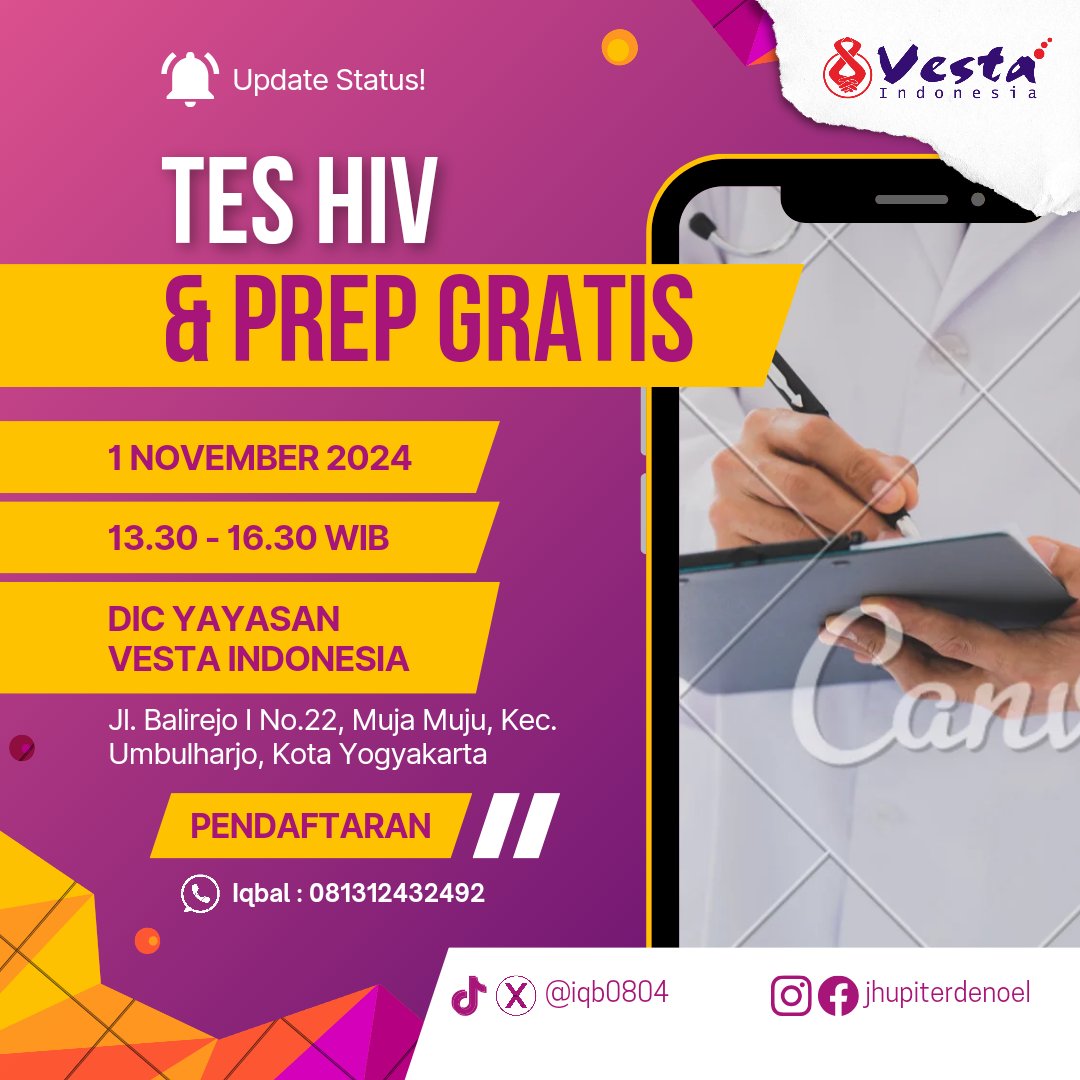 Iqb0804's tweet photo. Yuk bisa ikuti Tes HIV dan Prep Gratisnya
Besok Jumat, 1 November 2024
Jam 13.30-16.30 WIB
Info lebih lanjut dan pendaftaran bisa langsung Hubungi WA ya 🤗😉😉😉
#teshiv #teshivgratis #teshivjogja
#Prepjogja #prepgratis
#gayjogja #gaysleman #gaybantul https://t.co/ok41G6HtwT