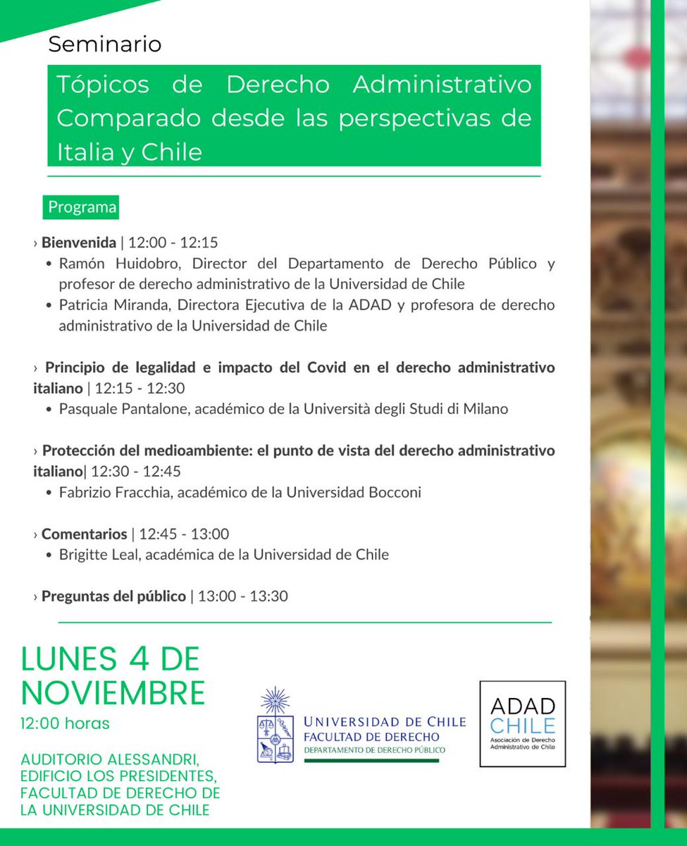 Desde la <a href="/adad/">A.D.</a> en colaboración de <a href="/derechouchile/">Facultad de Derecho</a> los invitamos para este lunes 4 de noviembre a este seminario sobre derecho administrativo chileno e italiano, con espectaculares invitados. ¡No se lo pierdan!