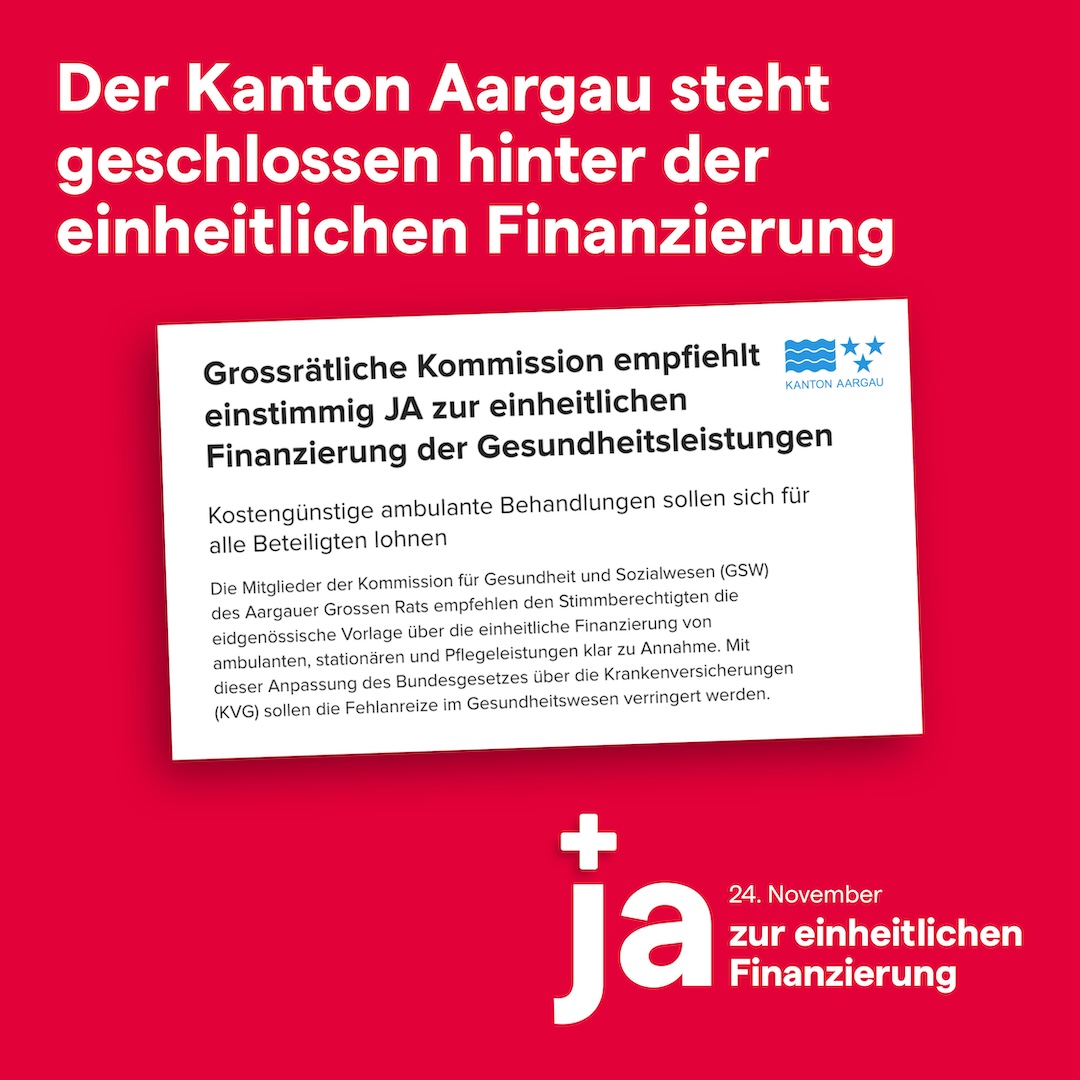 Für die Kommission für Gesundheit und Sozialwesen des Aargauer Grossen Rats ist die einheitliche Finanzierung zentral für die Weiterentwicklung der Gesundheitsversorgung im Kt. Aargau. 🏥❗️

🔗 Ihre Stellungnahme: bit.ly/3AldUrI

#EinheitlicheFinanzierung #Abst24 #CHVote