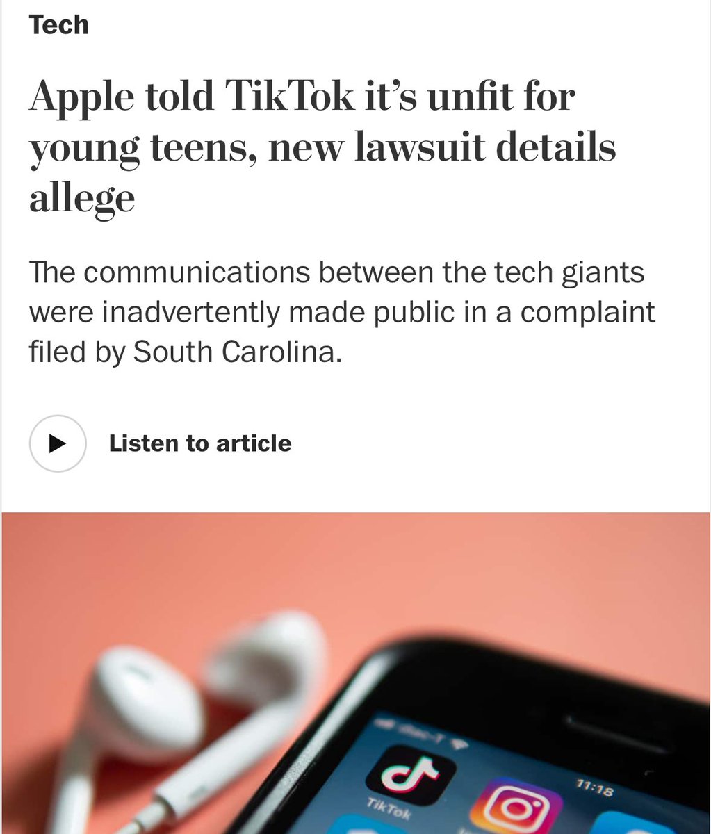 Apple raised concerns to TikTok that its product was unfit for younger users, according to a faultily redacted complaint by the South Carolina AG we obtained at <a href="/accountabletech/">Accountable Tech</a>. Apple pushed TikTok to make changes to its age rating on the App Store. <a href="/viaCristiano/">Cristiano Lima-Strong</a> w/ the story
