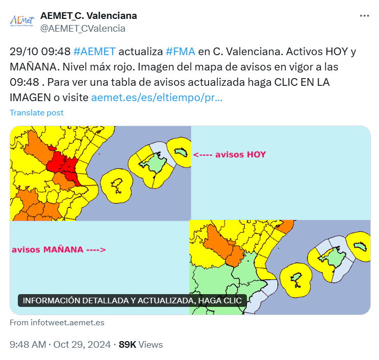 XoseCastro's tweet photo. Que Mazón, que ha borrado un tuit falso, quiera salvar el pellejo ante la gravísima irresponsabilidad me parece despreciable pero entendible en un político. Pero que Feijoo venga a hacer esta ignominiosa declaración, que quedará en la memoria de la vergüenza y en las hemerotecas, me parece imperdonable.

Cualquier persona que siga a @AEMET_Esp sabe que avisaron y publicaron su alerta ROJA a las 9:48 del 29 de octubre. Yo lo sabía y no soy presidente autónomico. Ahí empecé a llamar a mis amigos que viven en esas zonas. Ahora, a posteriori, confirmamos, además, la asombrosa precisión de los cálculos de AEMET, su repercusión y zonas de alcance.

Díganle a los familiares de esos niños que murieron dentro de un coche viniendo del cole:

—por qué Mazón desoyó a AEMET;
—por qué no impidieron que fuera día lectivo;
—por qué no aplicaron medidas de máxima seguridad y urgencia;
—por qué no cancelaron la asistencia al trabajo;
—por qué no pidieron a la gente que se trasladara a zonas altas.