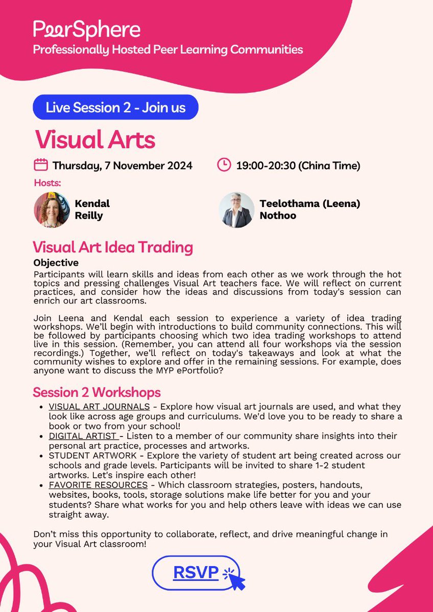 Hope lots of our awesome #K-12Art #educators can make #PeerSphere session 2 next week - bring on Nov 14!
Everyone will be leaving inspired &amp; full of ideas for their classroom. 🎉💡❤️
Get in touch with me or <a href="/EwenBailey01/">Ewen Bailey</a> if you want to join our creative &amp; caring community…