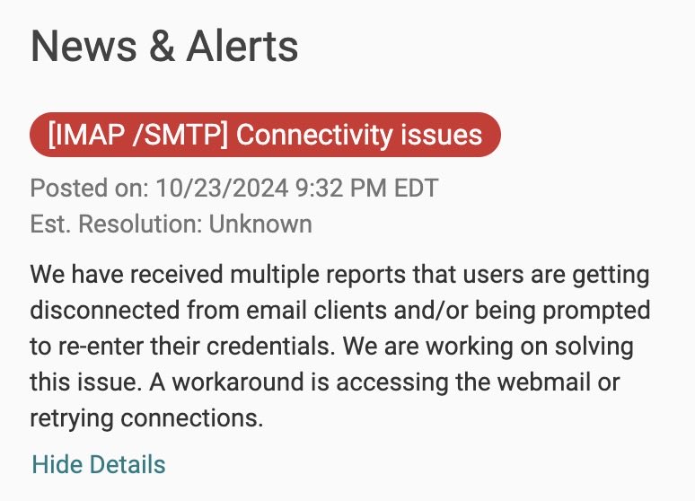 Stay far away from <a href="/Rackspace/">Rackspace Technology</a> hosted email service.  It’s simply not worth the hassle.  They have been having connectivity issues for weeks with no resolution in sight!!
