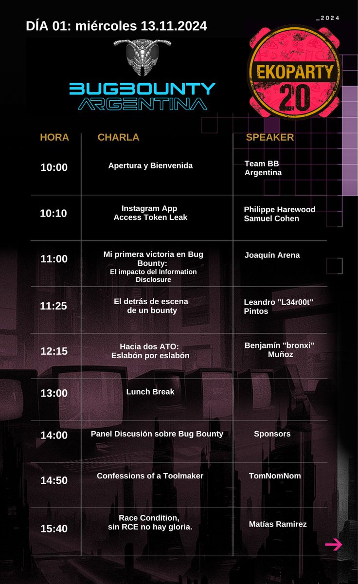 BugBountyArg's tweet photo. 🎉 ¡Estamos muy emocionados de compartir la agenda completa del #BugBountyVillage para el miércoles 13/11/2024 en @ekoparty (sala D)! 🎉 Nos espera un día lleno de charlas de primer nivel y expertos en Bug Bounty.
Agradecemos a nuestros sponsors por hacer esto posible. 🙌 Prepárense para una jornada única de hacking y conocimiento. 💻🔍✨ #EKO2024 #BugBounty