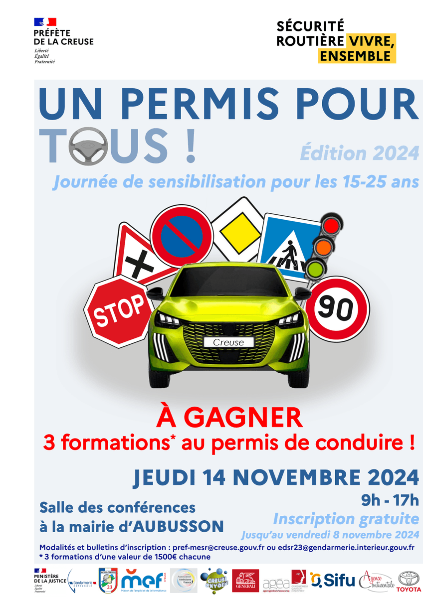 Prefet23's tweet photo. #SécuritéRoutière | «Un permis pour tous» 🚗
Par la #MESR de la #Pref23
📅Jeudi 14 novembre 2024, 9h-17h, à Aubusson
Ouvert aux jeunes de 15 à 25 ans
🏆À GAGNER : 3 formations permis de conduire, d’une valeur de 1 500 € chacune
➡️Infos et inscription : https://t.co/TDPwnIcCnV https://t.co/HFx51a07du