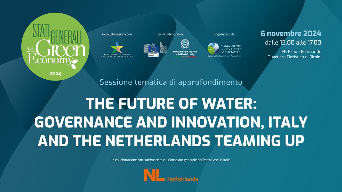 💧 #STATIGREEN24 𝗧𝗛𝗘 𝗙𝗨𝗧𝗨𝗥𝗘 𝗢𝗙 𝗪𝗔𝗧𝗘𝗥: 𝗚𝗢𝗩𝗘𝗥𝗡𝗔𝗡𝗖𝗘 𝗔𝗡𝗗 𝗜𝗡𝗡𝗢𝗩𝗔𝗧𝗜𝗢𝗡, 𝗜𝗧𝗔𝗟𝗬 𝗔𝗡𝗗 𝗧𝗛𝗘 𝗡𝗘𝗧𝗛𝗘𝗥𝗟𝗔𝗡𝗗𝗦 𝗧𝗘𝗔𝗠𝗜𝗡𝗚 𝗨𝗣

In collaboration with <a href="/NLinItaly/">Ambasciata e Consolato dei Paesi Bassi in Italia</a> 

🔜 bit.ly/3C7zjFl
✍🏼 bit.ly/StatiGreen24_I…