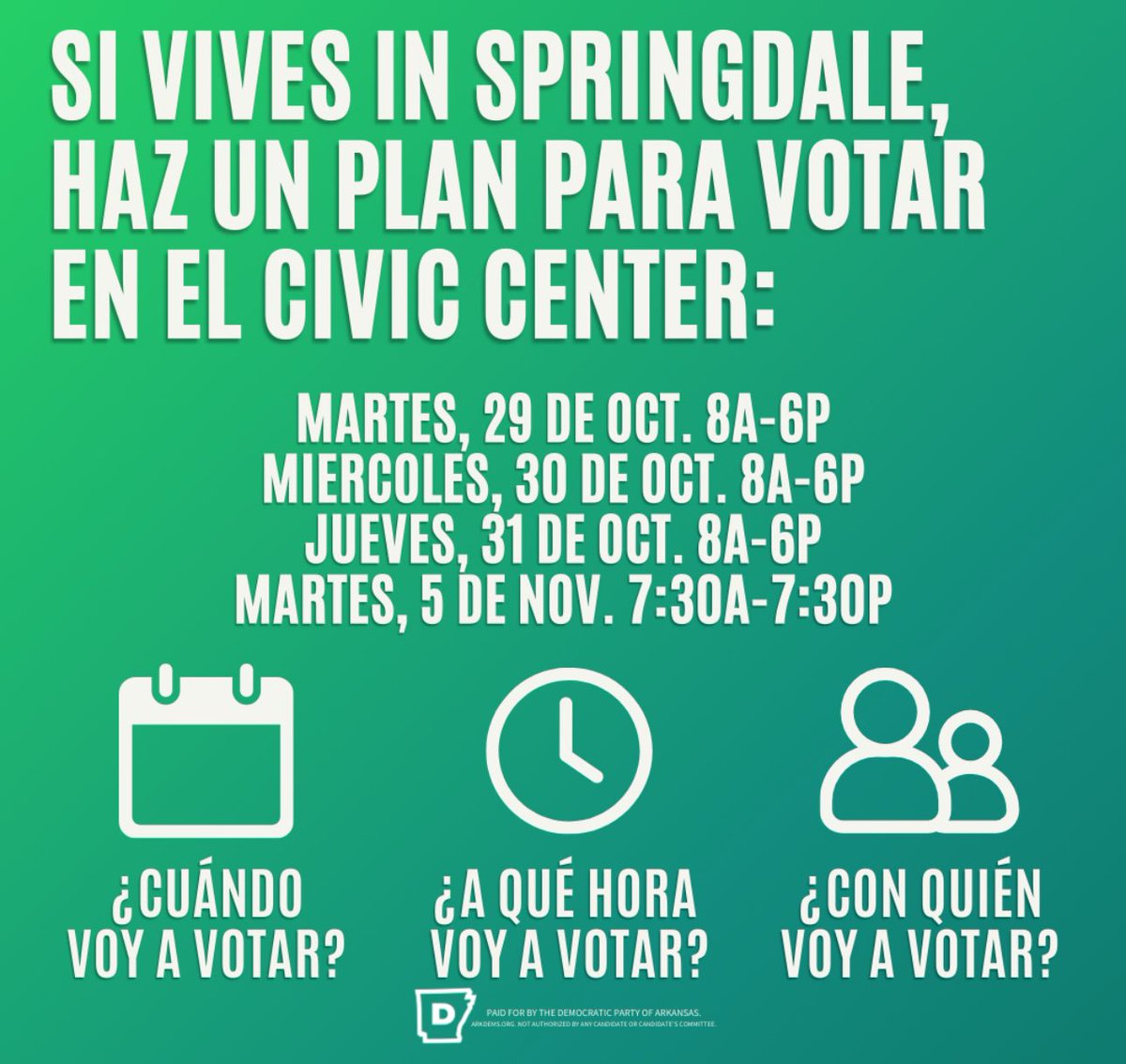 Springdale! Today is the last day of EARLY voting at the Civic Center if you are registered to vote in Washington County. Call and message all your friends to make sure they have a plan to vote and don’t miss out on the 𝑐ℎ𝑖𝑠𝑚𝑒 this election.