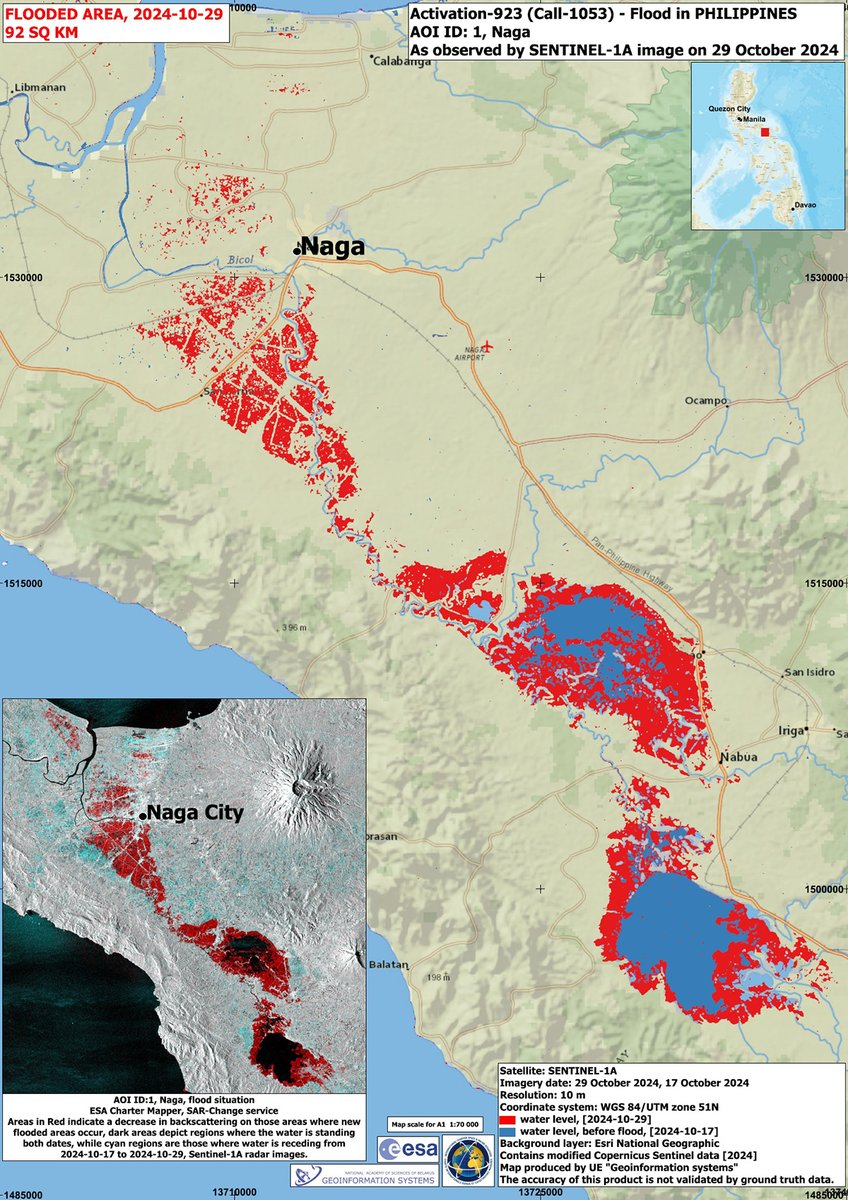 DisastersChart's tweet photo. These maps use data from #Sentinel1, #Sentinel2, and the #RCmSatellites to estimate the extent of flooding in the Bicol region after #TyphoonTrami: https://t.co/78uKIUsKJ6
#KristinePH https://t.co/K7GPbOCee9
