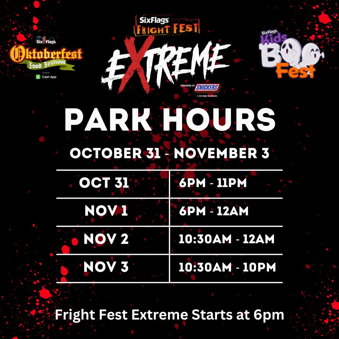 SFGrAdventure's tweet photo. ππ·οΈ Donβt miss the final days of Fright Fest Extreme, Kids Boo Fest, and Oktoberfest this season! Join us for thrills and chills before itβs too late. Check out our park hours and make it a Halloween to remember! π’π» #FrightFestExtreme #SixFlagsGreatAdventure https://t.co/wGi75tOWBV