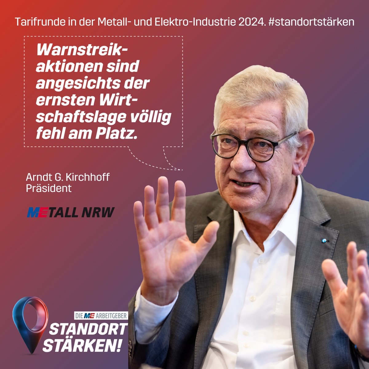 #Tarifrunde #MEIndustrie: NRW-Metallarbeitgeber fordern IG Metall zu mehr Realismus auf❗️
Kirchhoff: Standort 🇩🇪 inmitten einer satten Rezession &amp; tiefen Industriekrise. Warnstreiks in vielen Unternehmen sachlich nicht nachvollziehbar. #StandortStärken
➡️ metall.nrw/medien/aktuell…