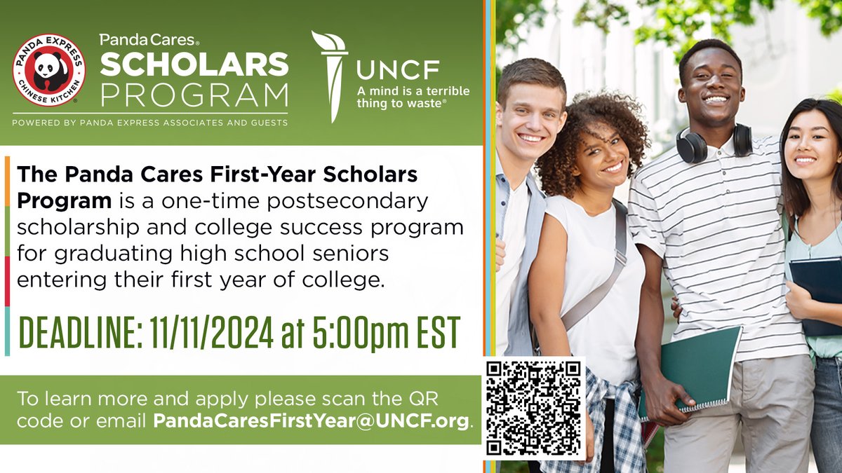 🚨 Scholarship Alert!
The Panda Cares First-Year Scholars Program offers a one-time award for students starting college in 2024-2025!

⏳ Deadline: 11/11 @ 5 PM EST
🔹 3.0+ GPA
🔹 U.S. citizen or permanent resident
🔹 Demonstrated financial need

APPLY ⬇️ UNCF.org/PandaCaresFirs…