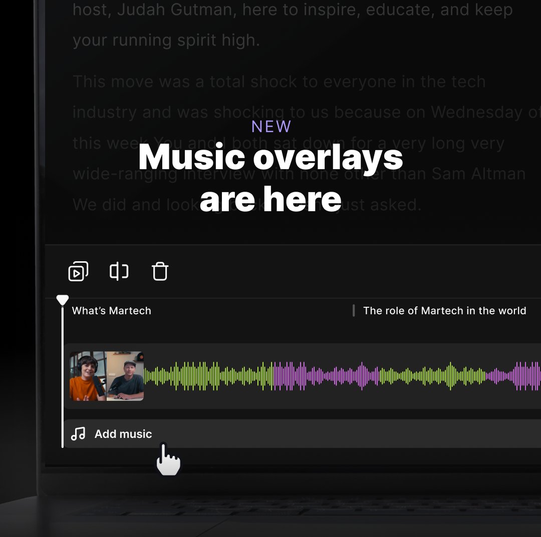 Did you hear the news? 🎵🎵🎵

Music overlays are now available:

1. Choose from our library of royalty-free options, or upload your own to the Editor.

2. Then add music to your timeline to seamlessly play in the background.

3. Finish with fade in and out to give your content a