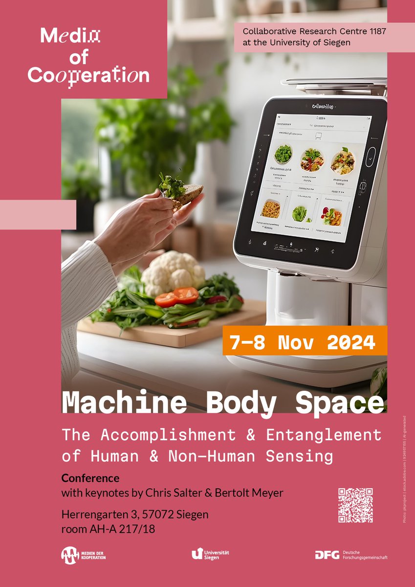 Next week in Siegen: Our conference “Machine. Body. Space.” will discuss the entanglement of human and non-human sensing – join us on Nov. 7 &amp; 8 in Siegen. Further information and full program: u-si.de/9bIHY