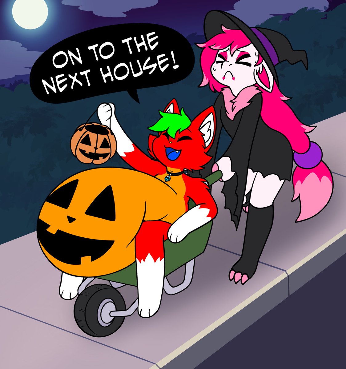 More!! MORE!!! *HIC!*

ON TO THE NEXT HOUSE!

*Giggles and hiccups. My costume being <a href="/Tribond_DaShark/">Kim</a> 's treat bucket. My overfilled belly growling and groaning loudly as she wheeled me down the street for more candy*

Happy Halloween everyone!! 

🎨: <a href="/pompuffy/">Pom</a>