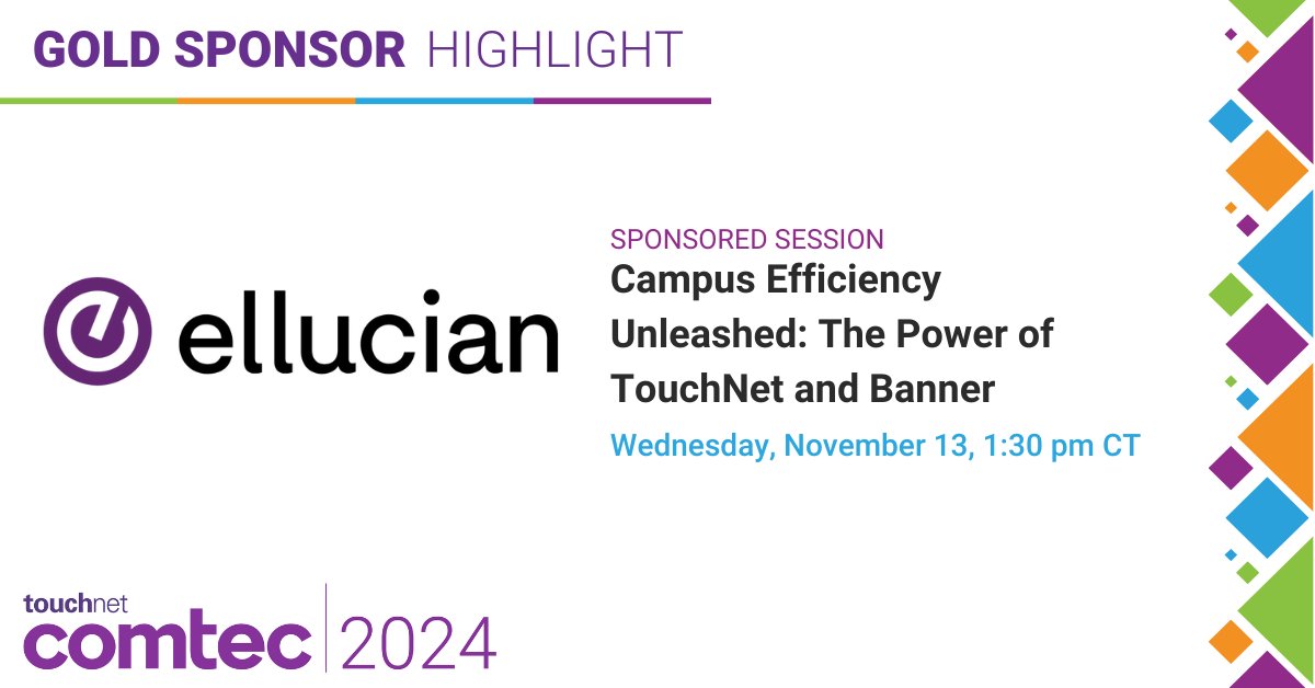 TouchNet's tweet image. We’re excited to welcome @EllucianInc as a Gold Sponsor for another year! As long-time partners in higher ed technology, Ellucian and TouchNet have worked together for decades to simplify campus operations.

Connect with Ellucian at #COMTEC2024 in San Antonio, November 11-14.