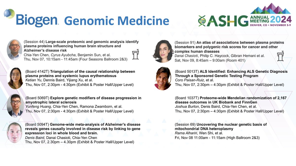 Join us at #ashg24 to check out our talks and posters on the latest in human genetics research at Biogen. We can't wait to chat and share insights about what's happening in the field!