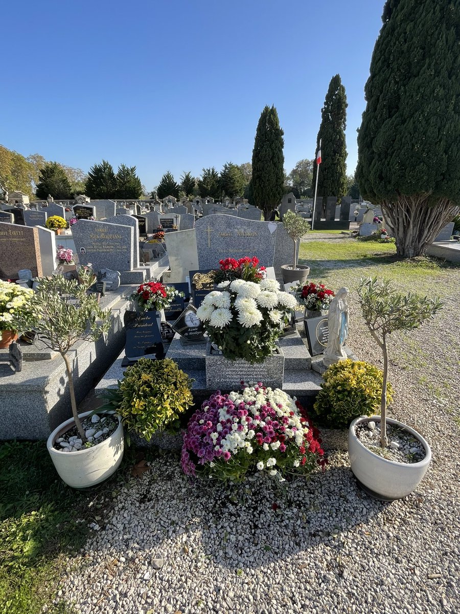 Le cyprès 🌲 est bien là. Le soleil est encore trop haut pour venir porter son ombre sur la tombe de #LouisNicollin. 
Comment passer à quelques kilomètres de Marsillagues et ne pas passer saluer Loulou ? ❤️‍🩹
Se souvenir des belles choses et des franches rigolades.
<a href="/MontpellierHSC/">MHSC</a>