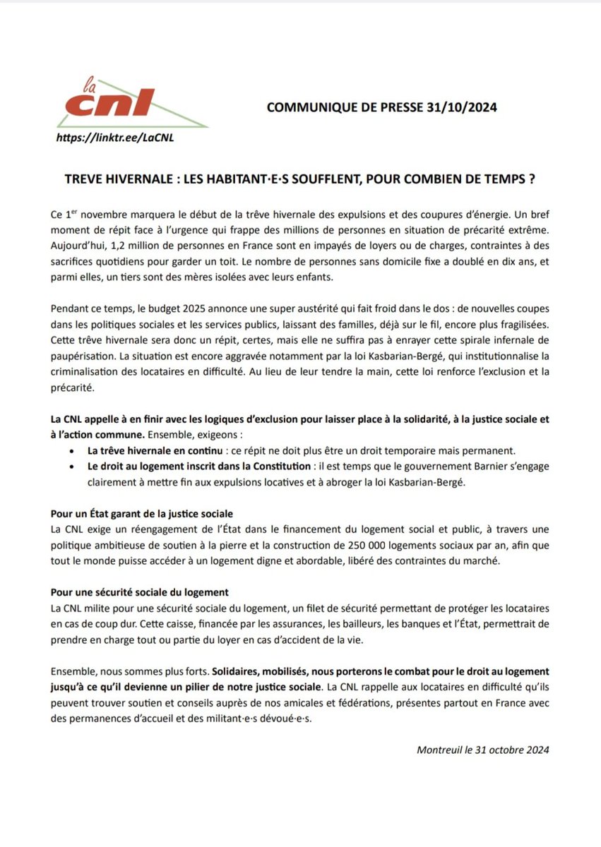 La_CNL's tweet photo. La trêve hivernale débute ce 1er novembre: les https://t.co/UxdIPiw8BC soufflent, pour combien de temps? 
La @La_CNL appelle à une trêve hivernale continue, garantie par la création d'une #sécuritésocialedulogement. 
Ensemble solidaires et mobilisés pour le droit au logement ⬇️ https://t.co/oasO40REEy