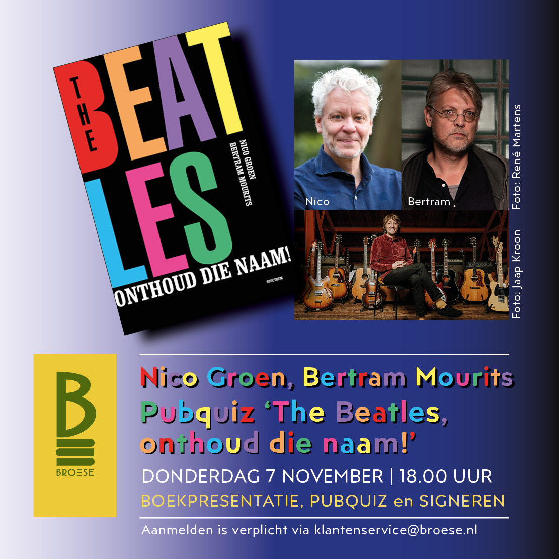 The Beatles als een opkomend bandje laten zien, dat is wat Nico Groen en Bertram Mourits in dit boek beschrijven. Er is ook een Beatles pubquiz met live-muziek van Yorick van Norden. Meedoen kan in teams van min. 2 en max. 4 personen. Aanmelden: 
broese.nl/agenda/pubquiz…
