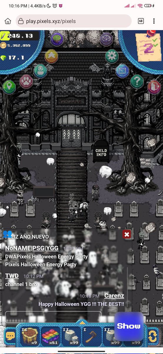 mdmcarenz's tweet photo. Spooky vibes and pixel-perfect costumes! Had an absolute blast at the YGG x Pixels Halloween Energy Party 2024! From eerie graveyard strolls to epic costume spotting, this event was an unforgettable digital haunt. 🎃👻- #YGGxPixels #YGGGAPS7 @YieldGuild @pixels_online https://t.co/rZQnEyvz4v