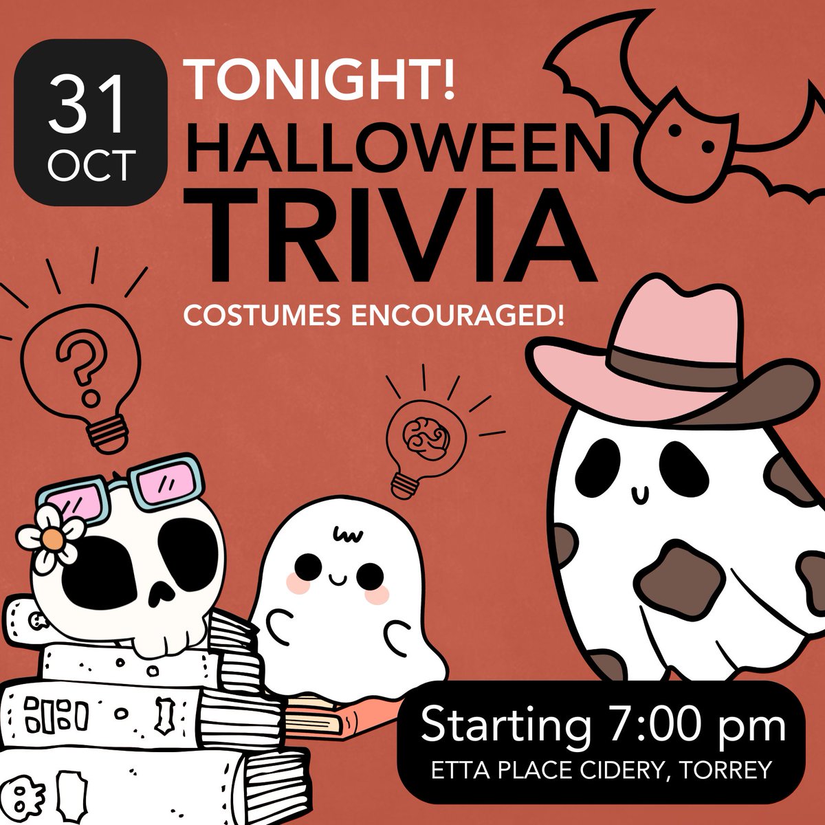 ettaplacecider's tweet photo. Join us for a Spooktacular Trivia Night! Costumes encouraged, but not required. Bring your BRAaaaINNNNsss and friends—or make friends here! #halloween #trivianight #EttaPlaceCider #Torrey #CapitolReefCountry #WayneCountyUtah #LifeCapitOlized #gamenight #thingstodointorrey https://t.co/Pwz9bW7Jmb